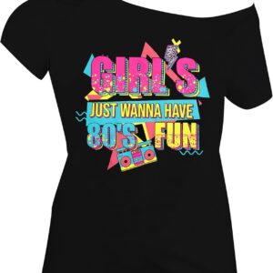 90s 80s Outfit for Women 80's Theme Party Disco Shirt Off The Shoulder Tops Vintage 90s Neon Off Shoulder Top