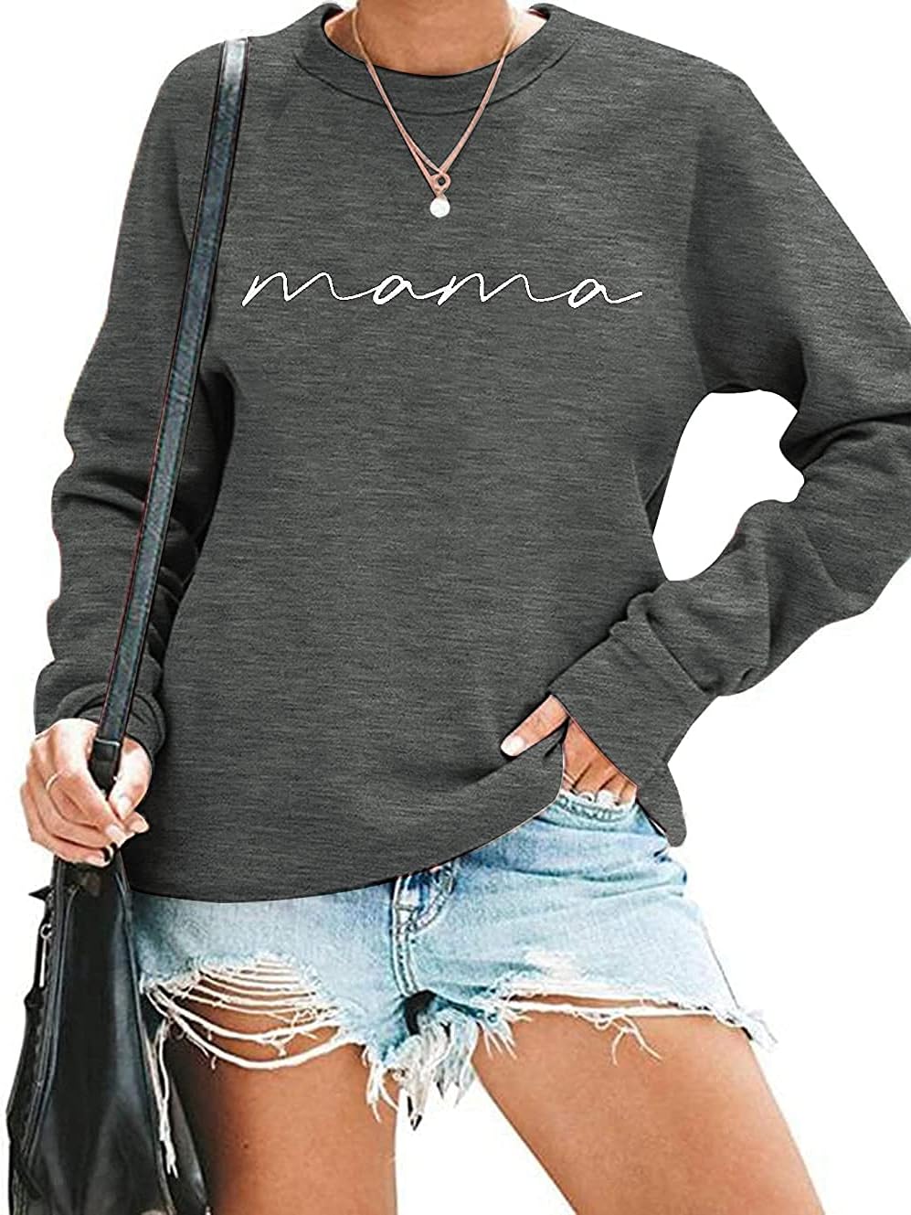 ASTANFY Womens Crewneck Sweatshirt Mama Letter Print Long Sleeve Loose Fashion Pullover Top