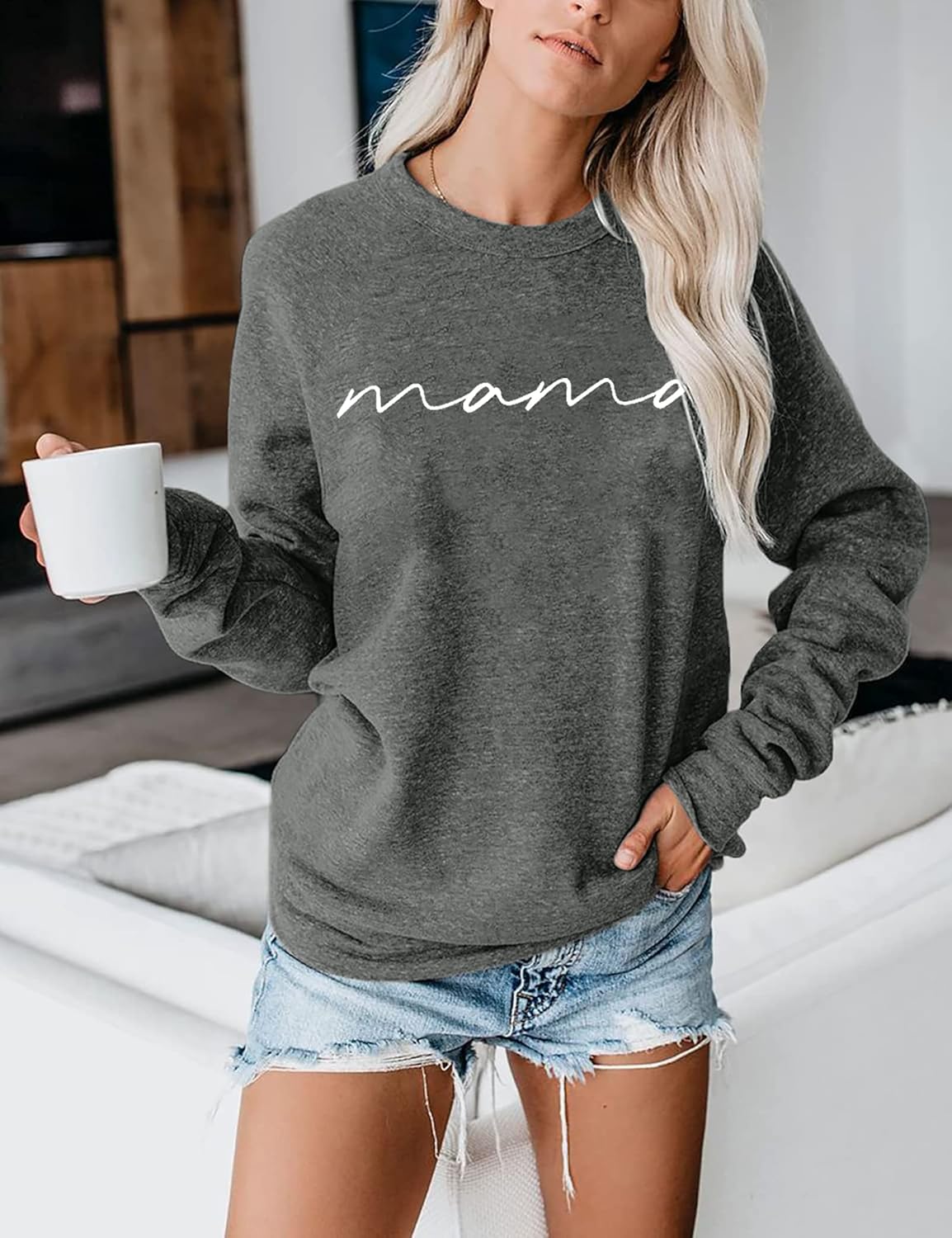 ASTANFY Womens Crewneck Sweatshirt Mama Letter Print Long Sleeve Loose Fashion Pullover Top - Image 4