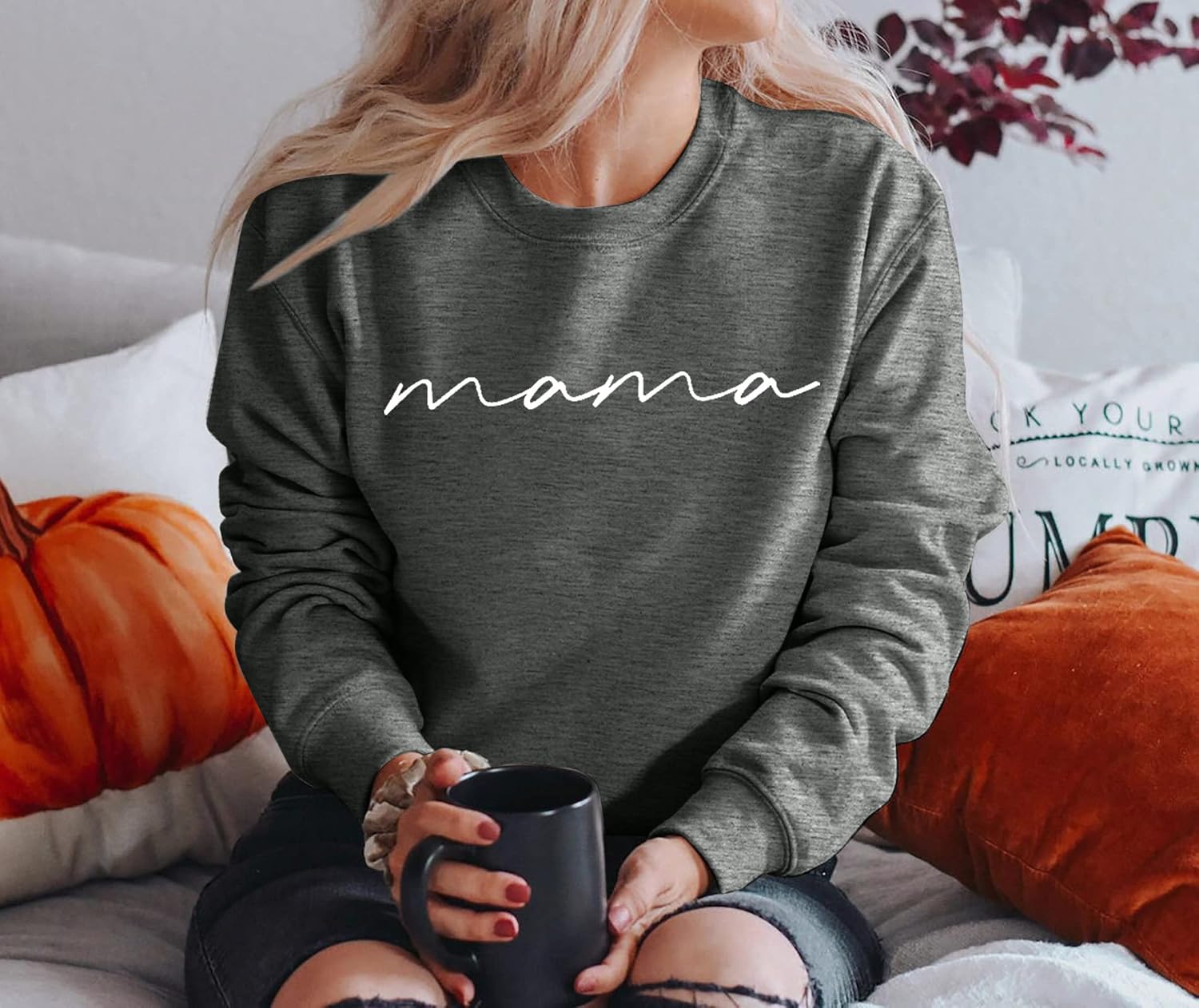 ASTANFY Womens Crewneck Sweatshirt Mama Letter Print Long Sleeve Loose Fashion Pullover Top - Image 2