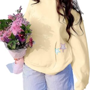 BAIGRAM Women Y2K Stars Graphic Oversized Fleece Hoodies Preppy Aesthetic Drop Shoulder Fall Outfits Girl Sweatshirt Pullover