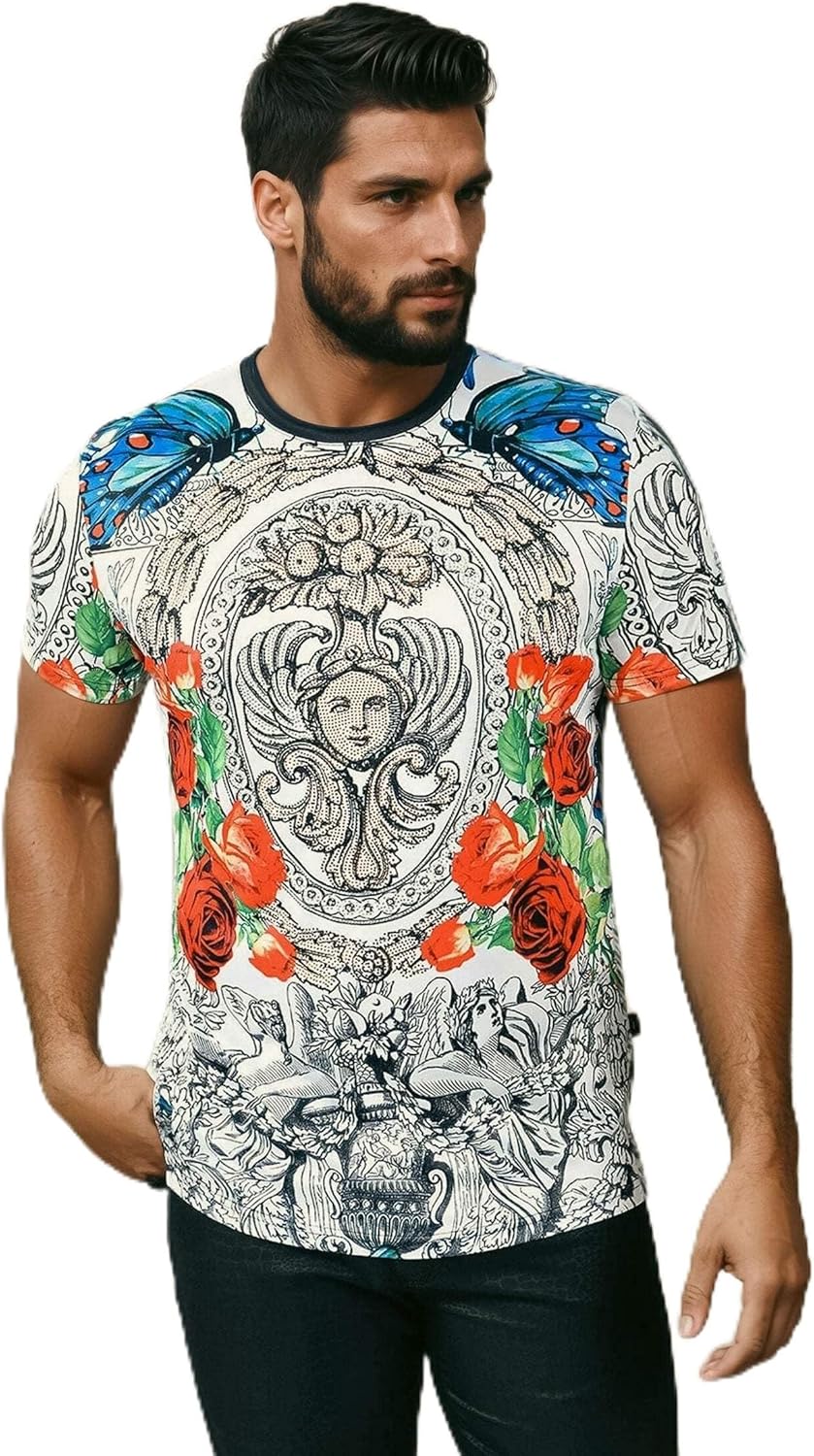 Barabas Men's Rhinestone Medusa Floral Baroque Design T-Shirt STP3003