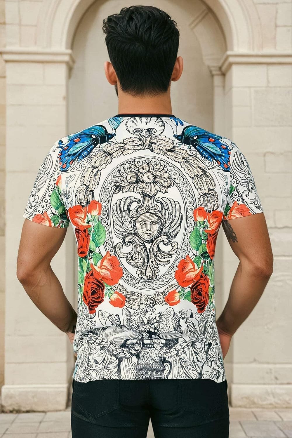 Barabas Men's Rhinestone Medusa Floral Baroque Design T-Shirt STP3003 - Image 2