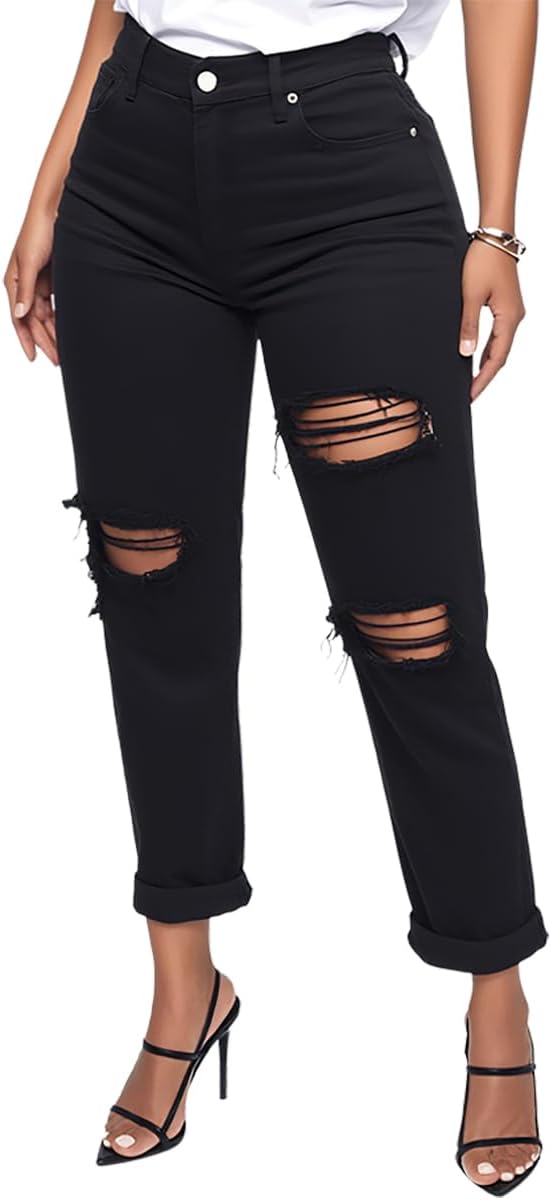 BessCops Women's Boyfriend Jeans Stretchy Ripped Distressed Denim Mom Jean Pants - Image 10