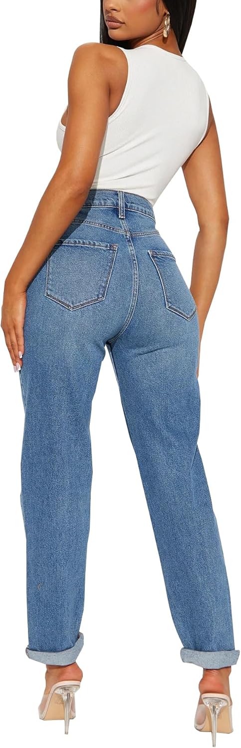 BessCops Women's Boyfriend Jeans Stretchy Ripped Distressed Denim Mom Jean Pants - Image 4