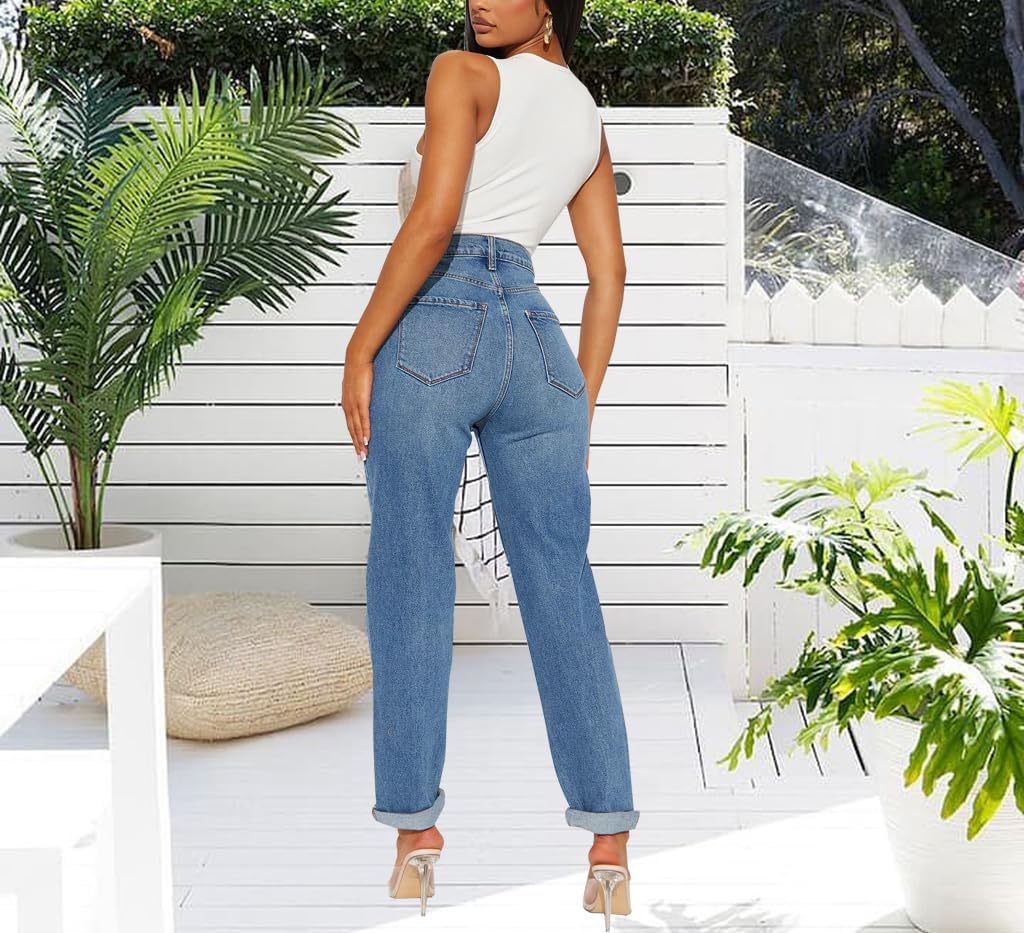 BessCops Women's Boyfriend Jeans Stretchy Ripped Distressed Denim Mom Jean Pants - Image 6