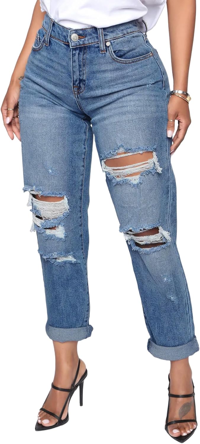 BessCops Women's Boyfriend Jeans Stretchy Ripped Distressed Denim Mom Jean Pants - Image 8
