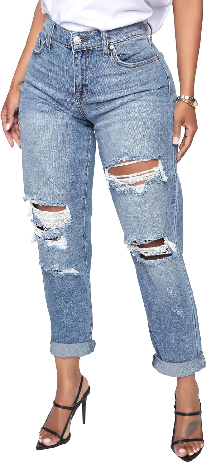 BessCops Women's Boyfriend Jeans Stretchy Ripped Distressed Denim Mom Jean Pants - Image 11