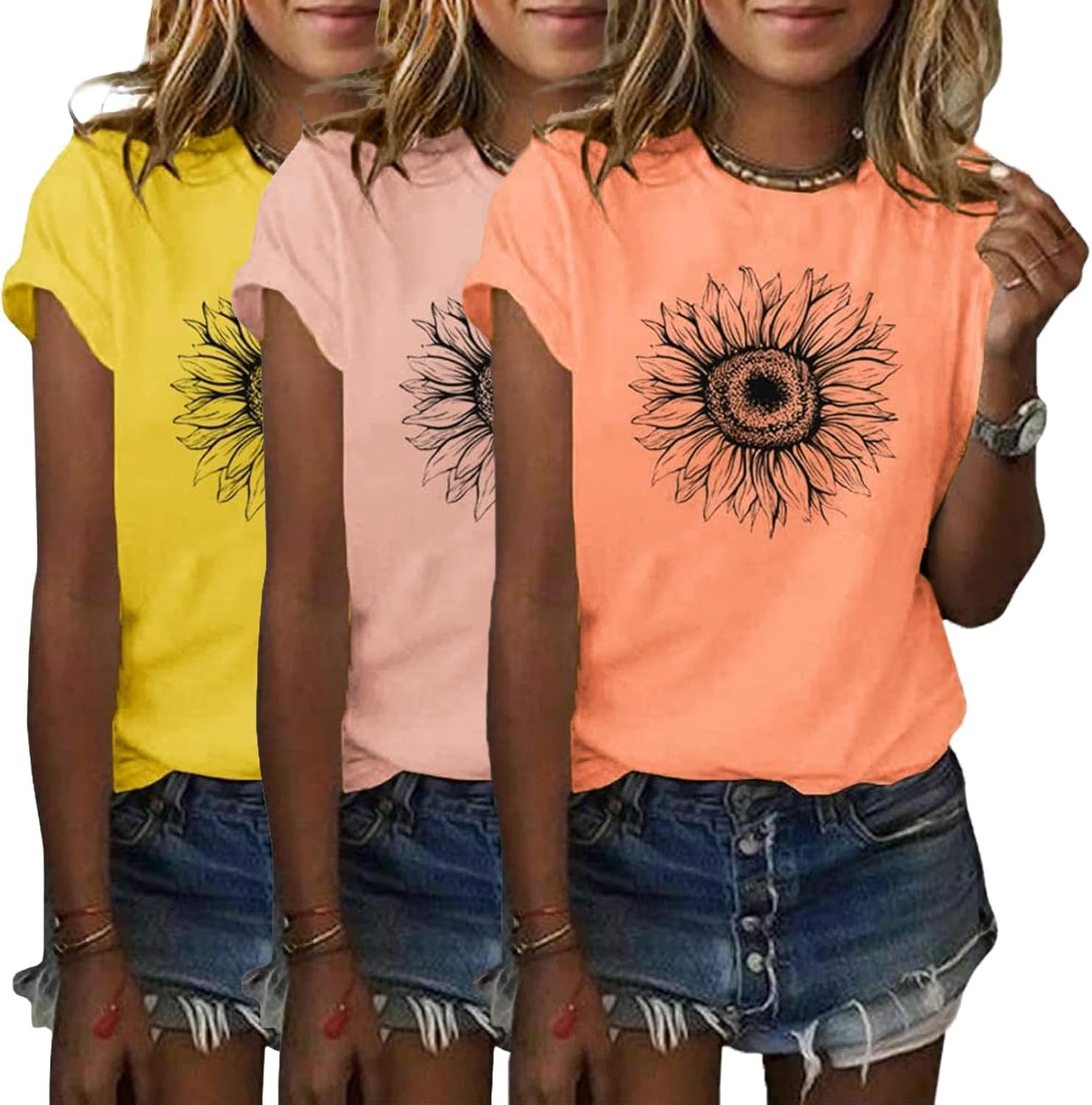 COMBEME 3 Pack Womens Graphic Tees Short Sleeve Crew Neck Sunflower Print T Shirts Loose Cute Summer Tops - Image 7