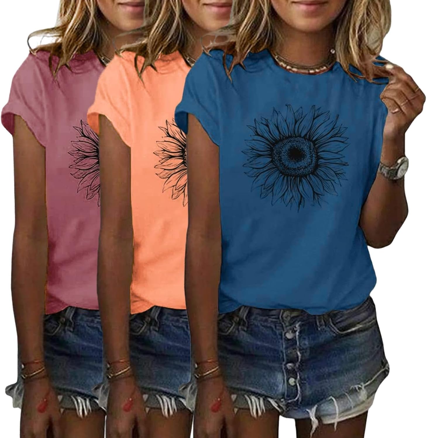COMBEME 3 Pack Womens Graphic Tees Short Sleeve Crew Neck Sunflower Print T Shirts Loose Cute Summer Tops - Image 8