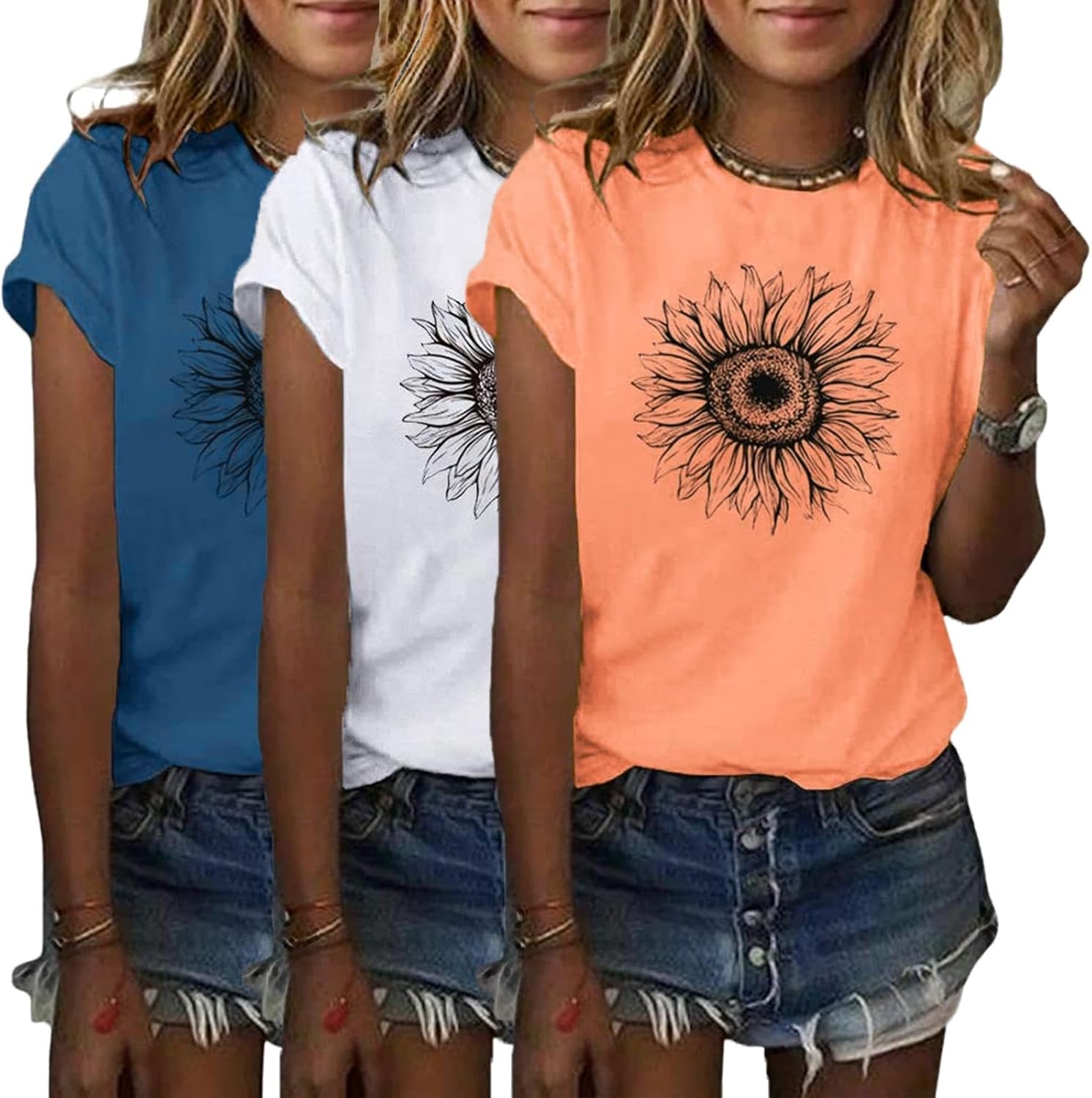 COMBEME 3 Pack Womens Graphic Tees Short Sleeve Crew Neck Sunflower Print T Shirts Loose Cute Summer Tops - Image 9