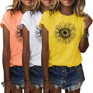 COMBEME 3 Pack Womens Graphic Tees Short Sleeve Crew Neck Sunflower Print T Shirts Loose Cute Summer Tops