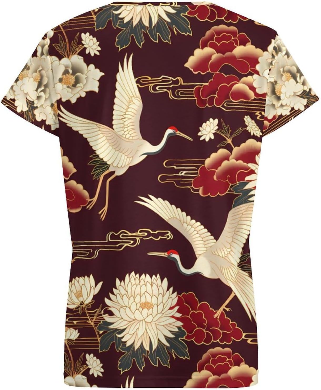 Cranes Chrysanthemum Print Womens V Neck Short Sleeve T Shirts Summer Tops Tees Fashion Outfits Clothes - Image 4