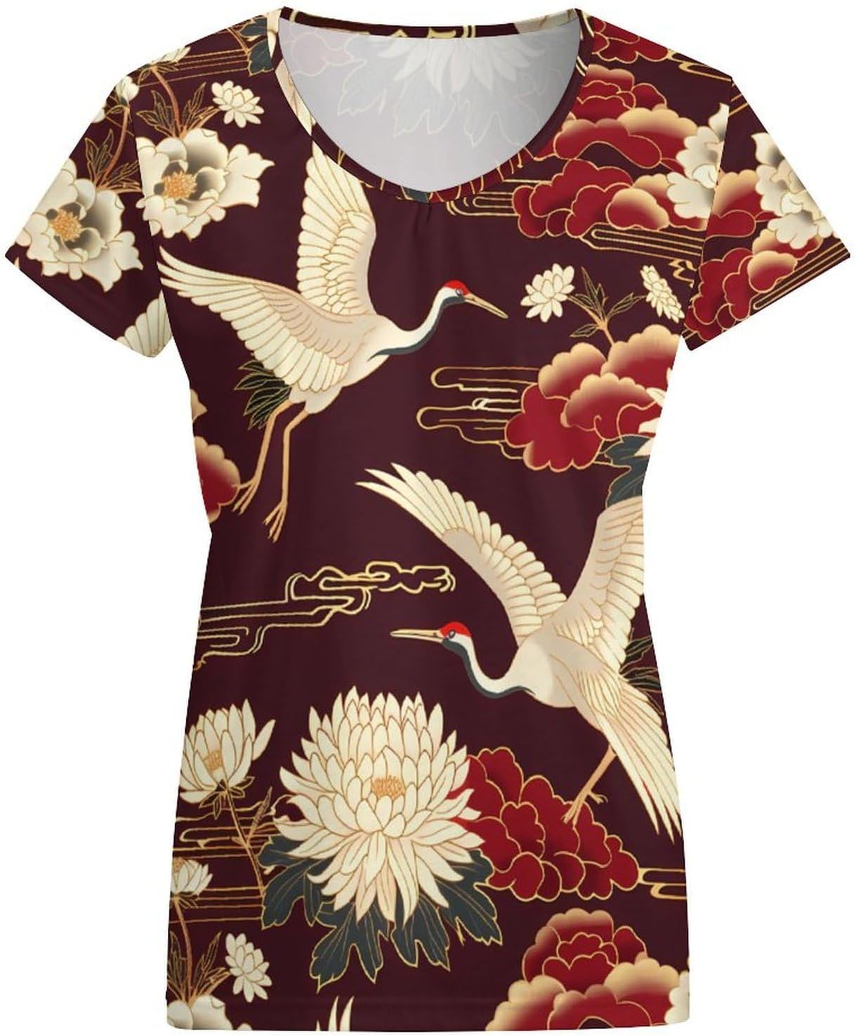 Cranes Chrysanthemum Print Womens V Neck Short Sleeve T Shirts Summer Tops Tees Fashion Outfits Clothes - Image 3