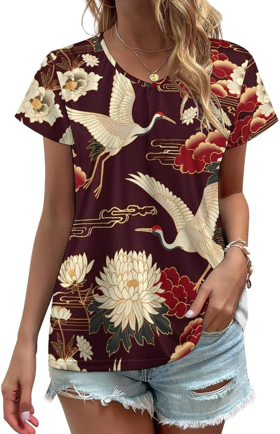 Cranes Chrysanthemum Print Womens V Neck Short Sleeve T Shirts Summer Tops Tees Fashion Outfits Clothes