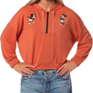 Disney Women's Mickey and Minnie Retro Embroidered Character Half-Zip Light-Weight Cropped Hoodie (X-Large) Rust