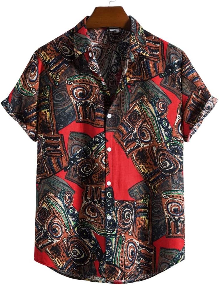 DUYHBAWRS Shirts T-Shirts Short Sleeve Men's Shirt Harajuku Ethnic Print Retro Men's Shirt Oversized Shirt(Large)