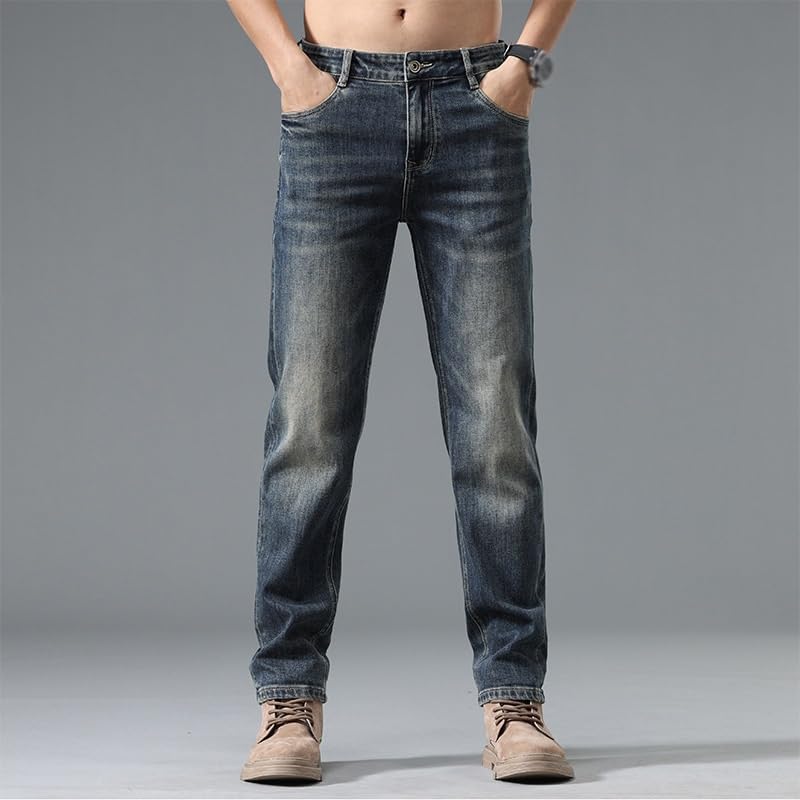 Jeans Slim Fit Straight Leg Pants Versatile Retro Casual Long Pants(33) Blue - Image 4