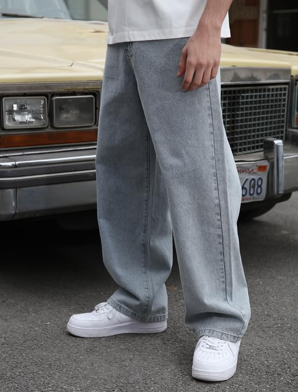 LOGEQI Mens Baggy Hip Hop Jeans Wide Leg Streetwear Jeans Loose Fit Y2K Skater Denim Pants - Image 3