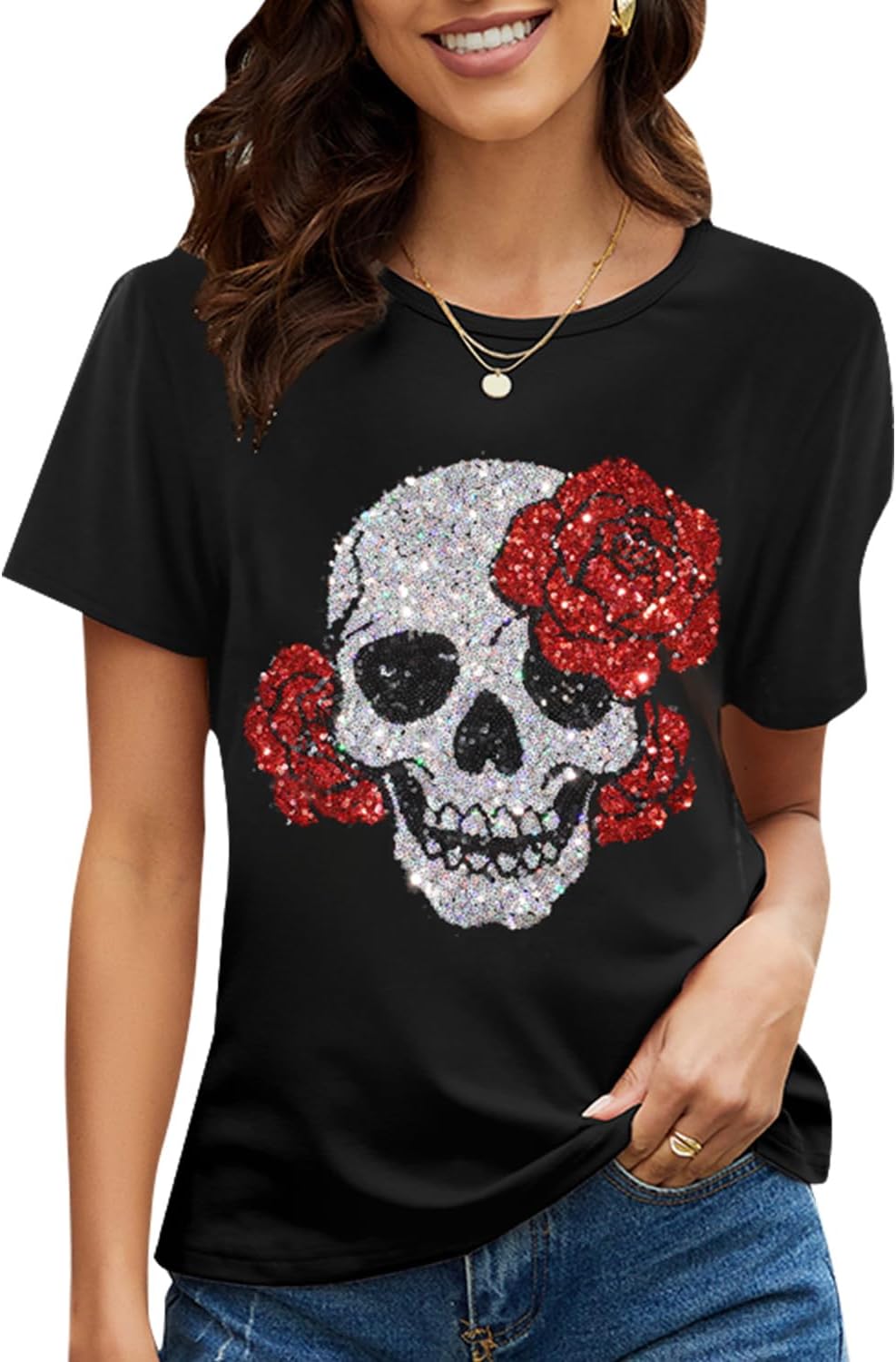 PESION Womens Short Sleeve T-Shirt Sequined Tops O-Neck Funny Graphic Tees Blouse - Image 14