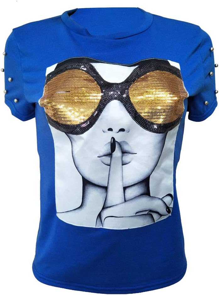PESION Womens Short Sleeve T-Shirt Sequined Tops O-Neck Funny Graphic Tees Blouse - Image 15