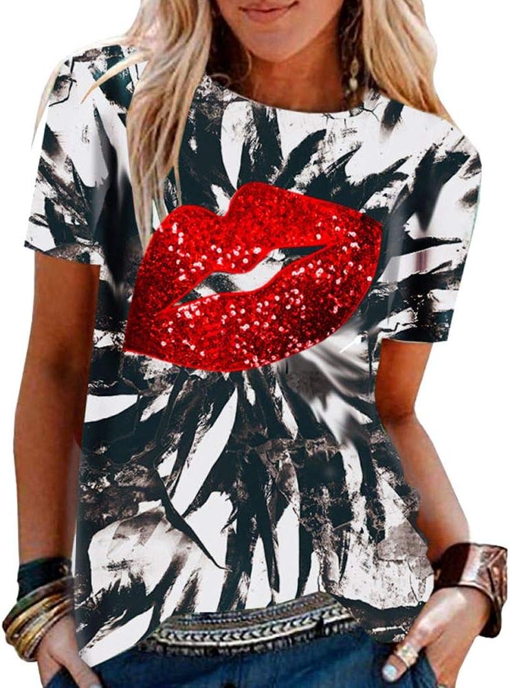 PESION Womens Short Sleeve T-Shirt Sequined Tops O-Neck Funny Graphic Tees Blouse - Image 7