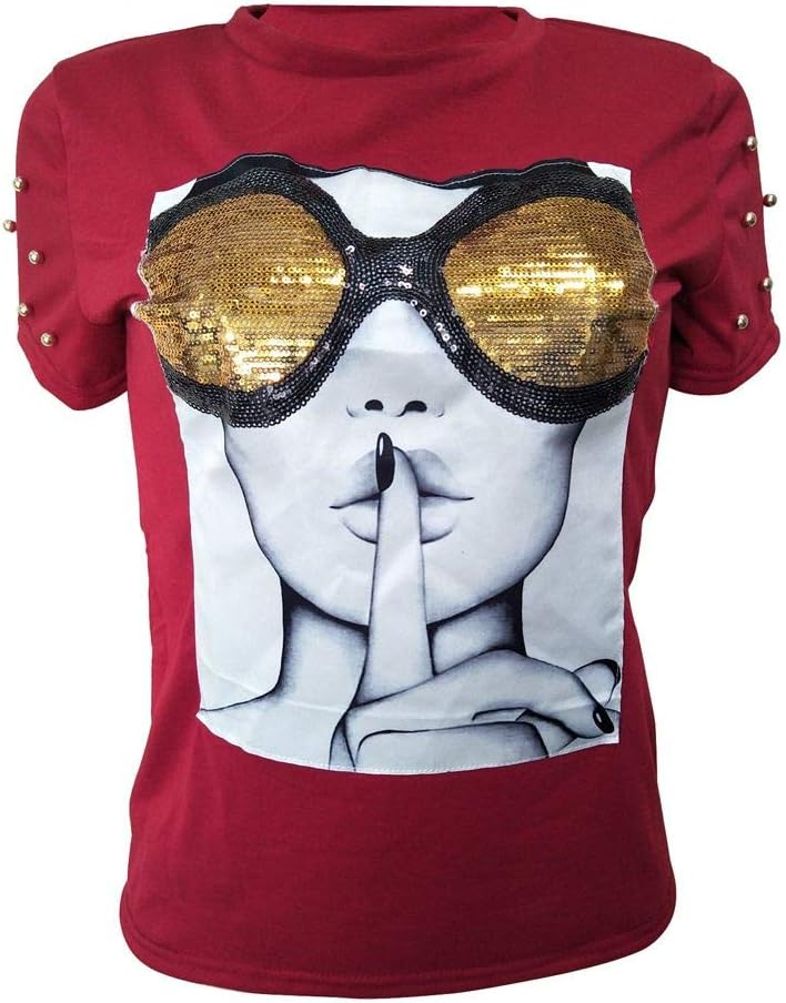 PESION Womens Short Sleeve T-Shirt Sequined Tops O-Neck Funny Graphic Tees Blouse - Image 23