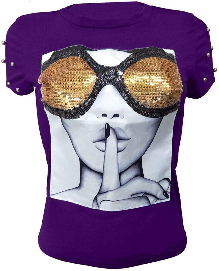 PESION Womens Short Sleeve T-Shirt Sequined Tops O-Neck Funny Graphic Tees Blouse - Image 10