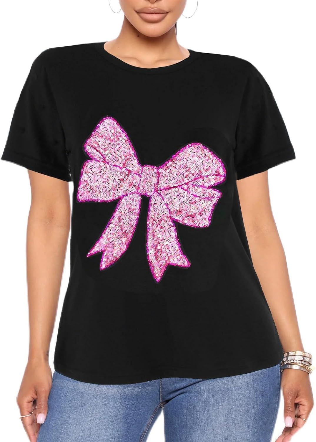 PESION Womens Short Sleeve T-Shirt Sequined Tops O-Neck Funny Graphic Tees Blouse - Image 18