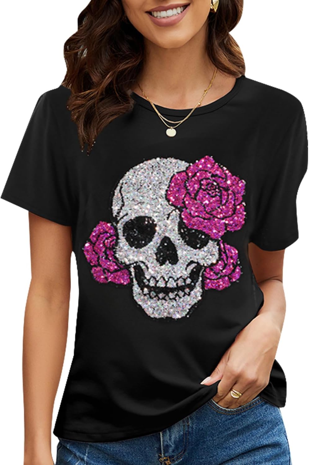 PESION Womens Short Sleeve T-Shirt Sequined Tops O-Neck Funny Graphic Tees Blouse - Image 19