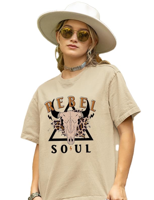 Rebel Soul Women's Western Country T-Shirt, Cowgirl Shirt for Women, Short Sleeve Top with Steer Head Print (3XL)