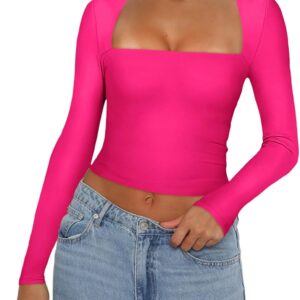 REORIA Women's Basic Sexy Square Neck Long Sleeve Y2K Going Out T Shirt Crop Top