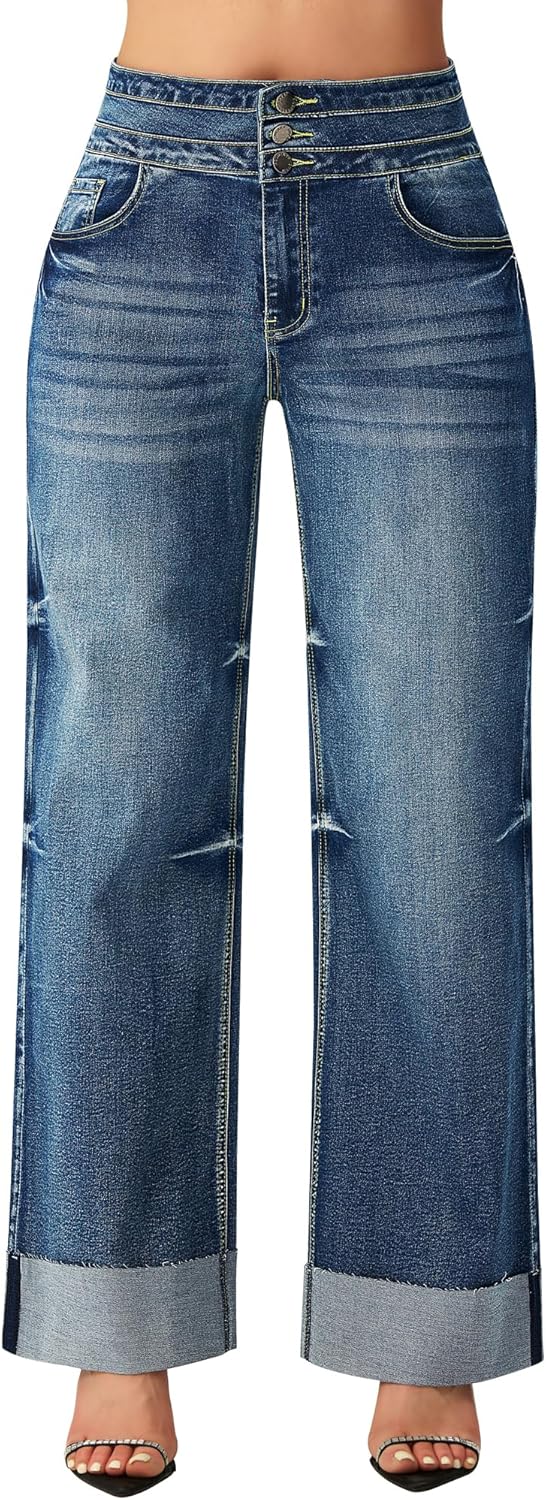roswear Women's High Waisted Stretchy Wide Leg Jeans Cuffed Baggy Jeans Loose Denim Pants