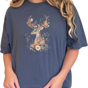 Vintage Floral Deer Art Printed T-Shirt, Unique Nature Inspired Graphic Tee, Bohemian Wildlife Animal Design, Artistic Outdoor Fashion - Comfort Colors T-Shirt Denim