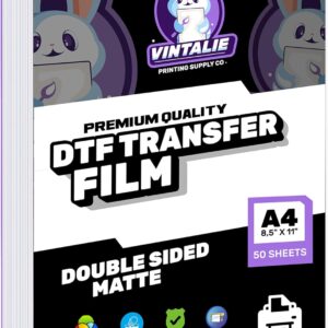 Vintalie DTF Transfer Film \u2013 A4 (8.5\u201Dx11\u201D)50 Sheets Premium Matte Double Sided DTF Film PET Transfer Paper Direct to T Shirts