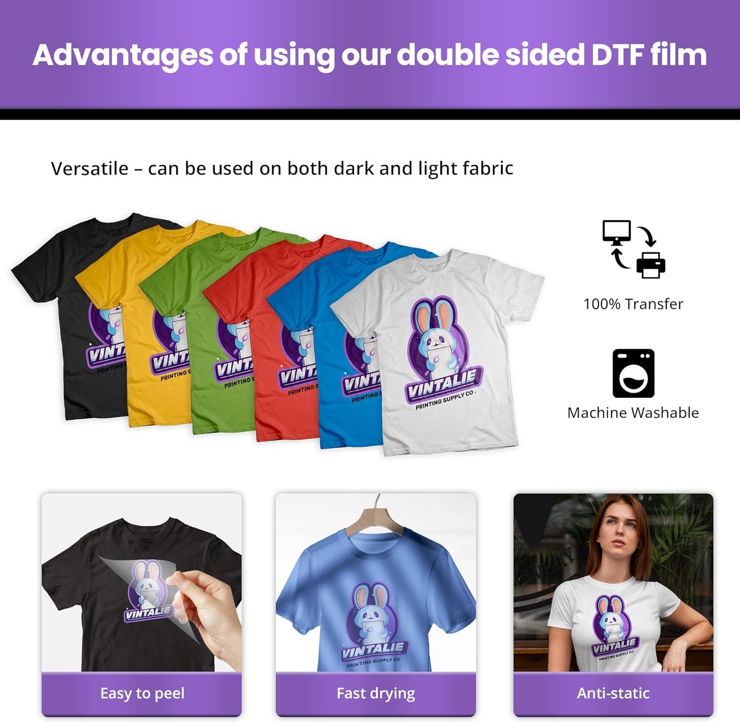 Vintalie DTF Transfer Film \u2013 A4 (8.5\u201Dx11\u201D)50 Sheets Premium Matte Double Sided DTF Film PET Transfer Paper Direct to T Shirts - Image 4