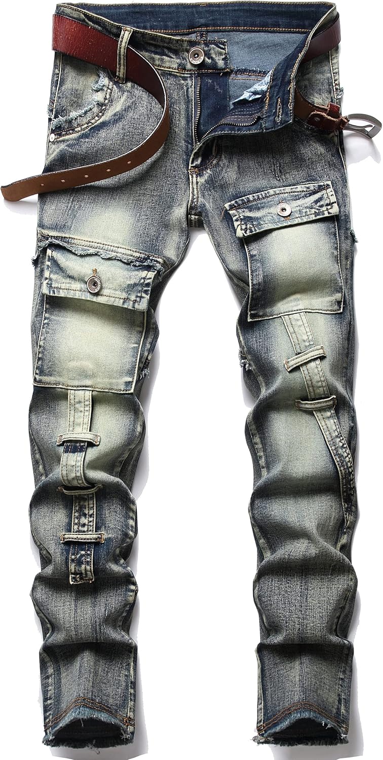 XIMXIMMTIAN Men's Biker Moto Washed Distressed Slim Fit Straight Jeans Denim - Image 17