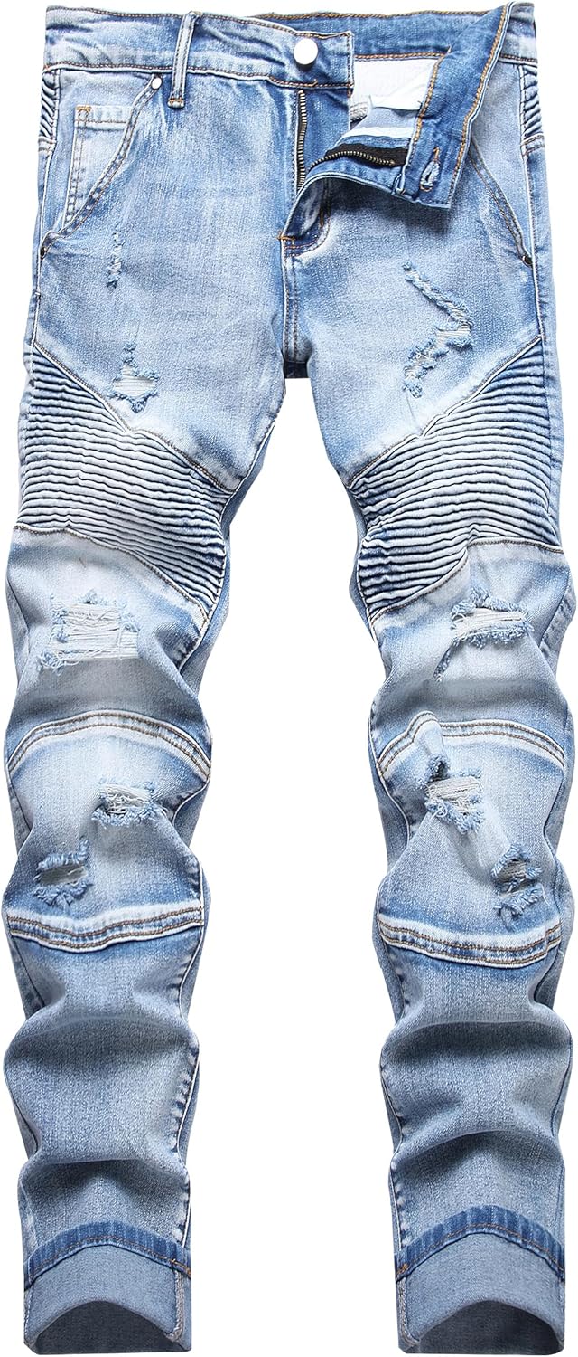 XIMXIMMTIAN Men's Biker Moto Washed Distressed Slim Fit Straight Jeans Denim - Image 27