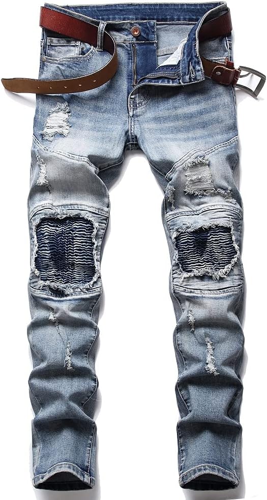 XIMXIMMTIAN Men's Biker Moto Washed Distressed Slim Fit Straight Jeans Denim - Image 29