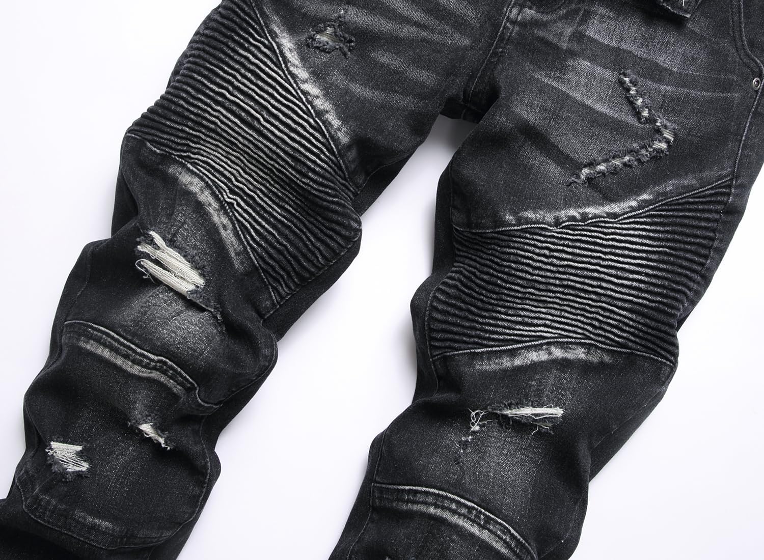 XIMXIMMTIAN Men's Biker Moto Washed Distressed Slim Fit Straight Jeans Denim - Image 3