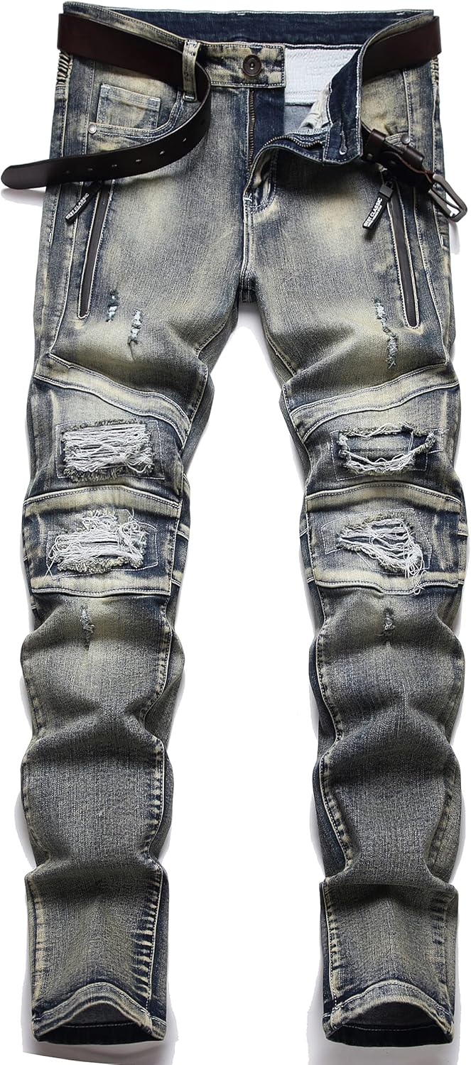 XIMXIMMTIAN Men's Biker Moto Washed Distressed Slim Fit Straight Jeans Denim - Image 26