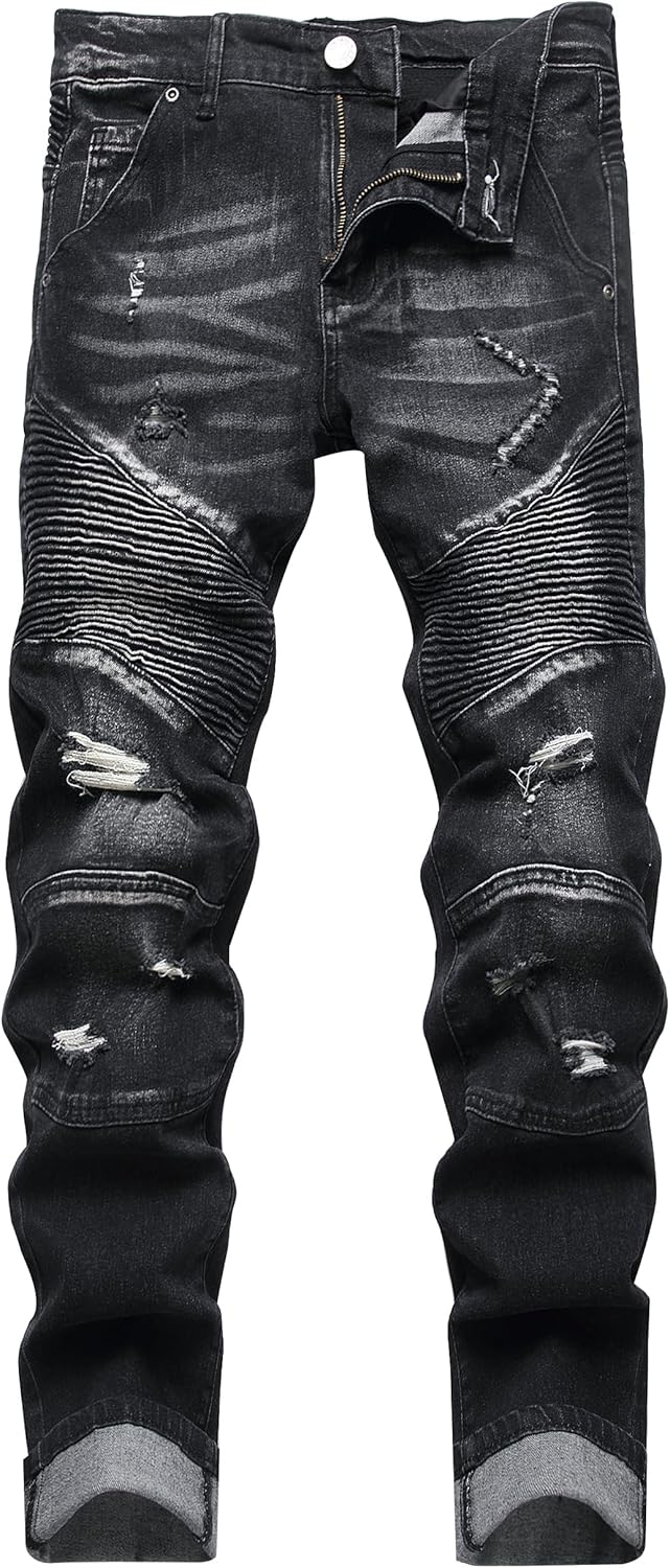 XIMXIMMTIAN Men's Biker Moto Washed Distressed Slim Fit Straight Jeans Denim