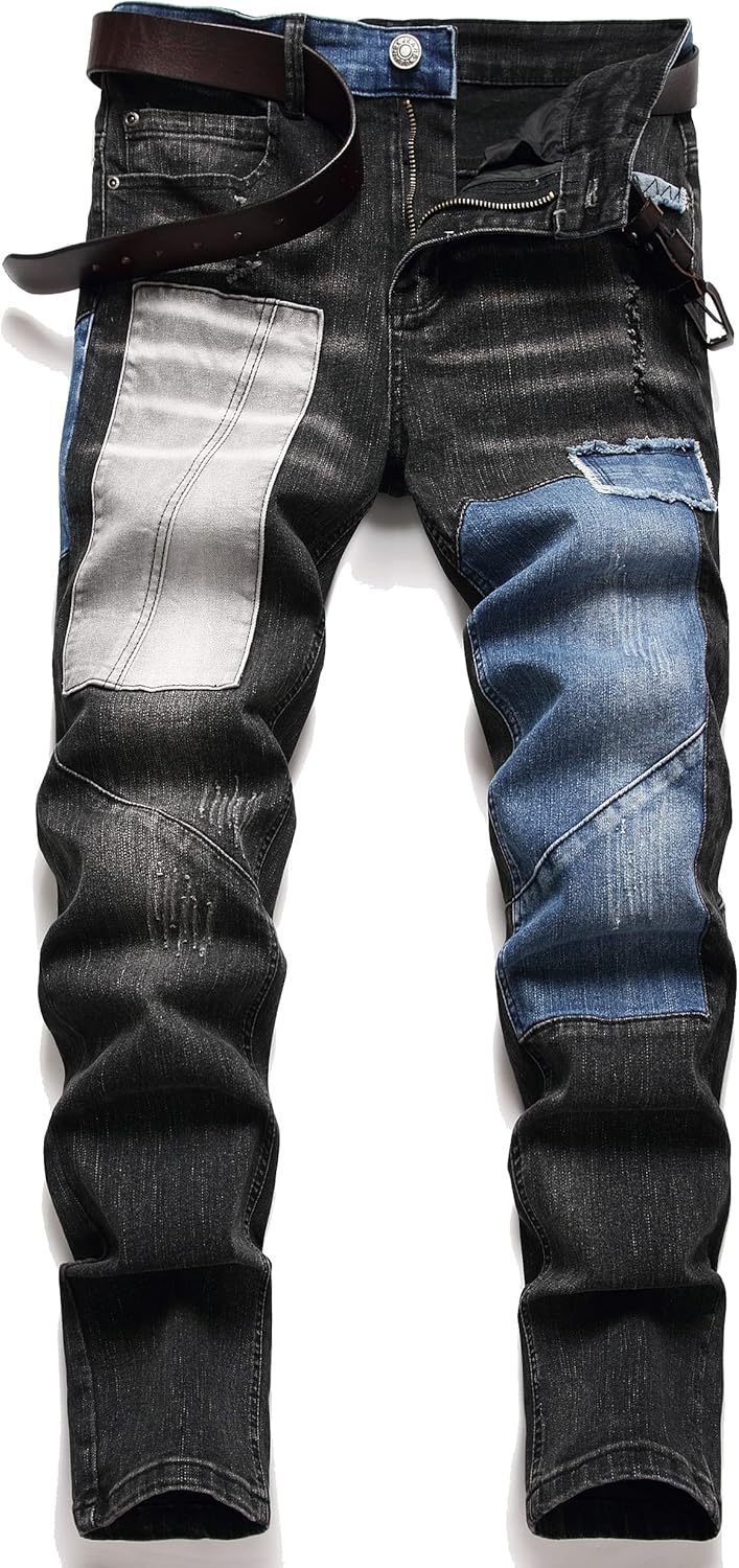 XIMXIMMTIAN Men's Biker Moto Washed Distressed Slim Fit Straight Jeans Denim - Image 10