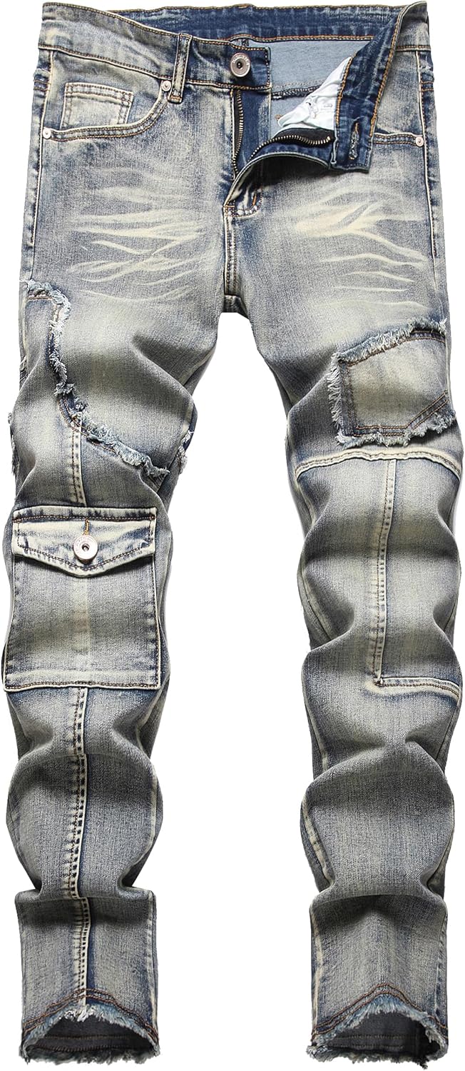 XIMXIMMTIAN Men's Biker Moto Washed Distressed Slim Fit Straight Jeans Denim - Image 16
