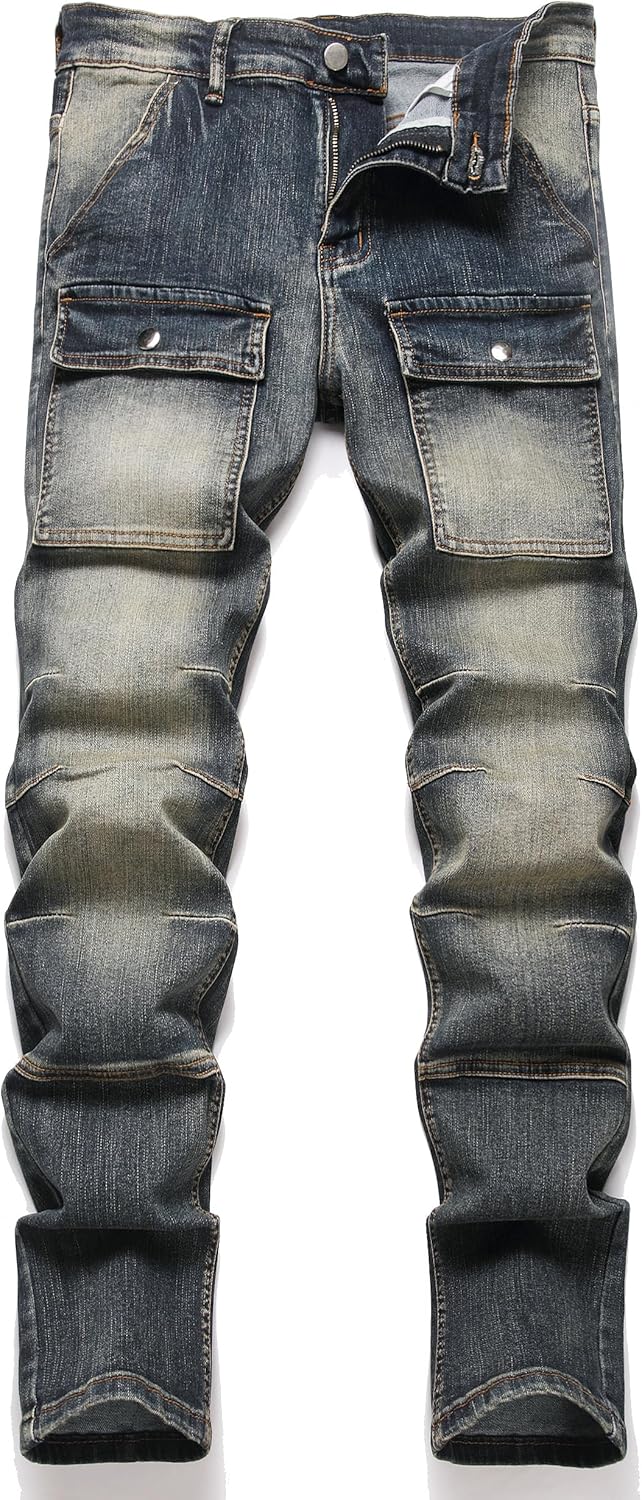 XIMXIMMTIAN Men's Biker Moto Washed Distressed Slim Fit Straight Jeans Denim - Image 23