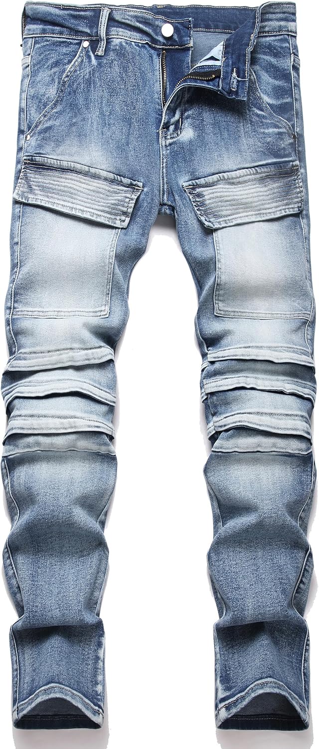 XIMXIMMTIAN Men's Biker Moto Washed Distressed Slim Fit Straight Jeans Denim - Image 15