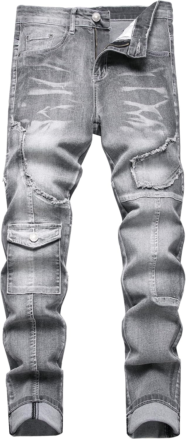 XIMXIMMTIAN Men's Biker Moto Washed Distressed Slim Fit Straight Jeans Denim - Image 25