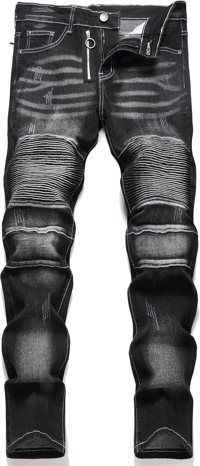 XIMXIMMTIAN Men's Biker Moto Washed Distressed Slim Fit Straight Jeans Denim - Image 24