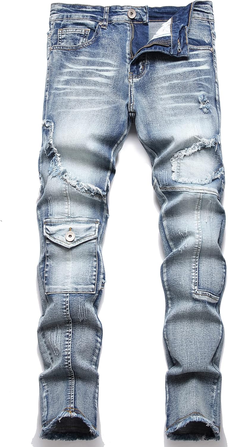 XIMXIMMTIAN Men's Biker Moto Washed Distressed Slim Fit Straight Jeans Denim - Image 21