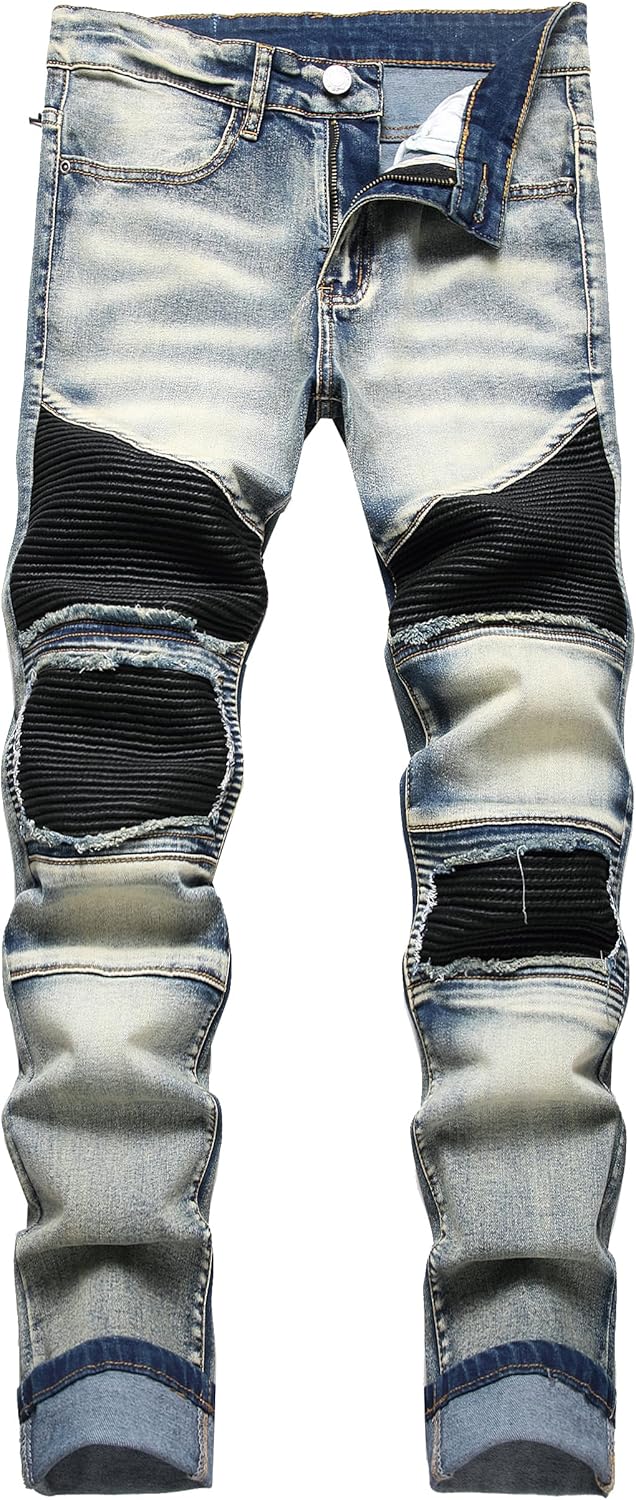 XIMXIMMTIAN Men's Biker Moto Washed Distressed Slim Fit Straight Jeans Denim - Image 19